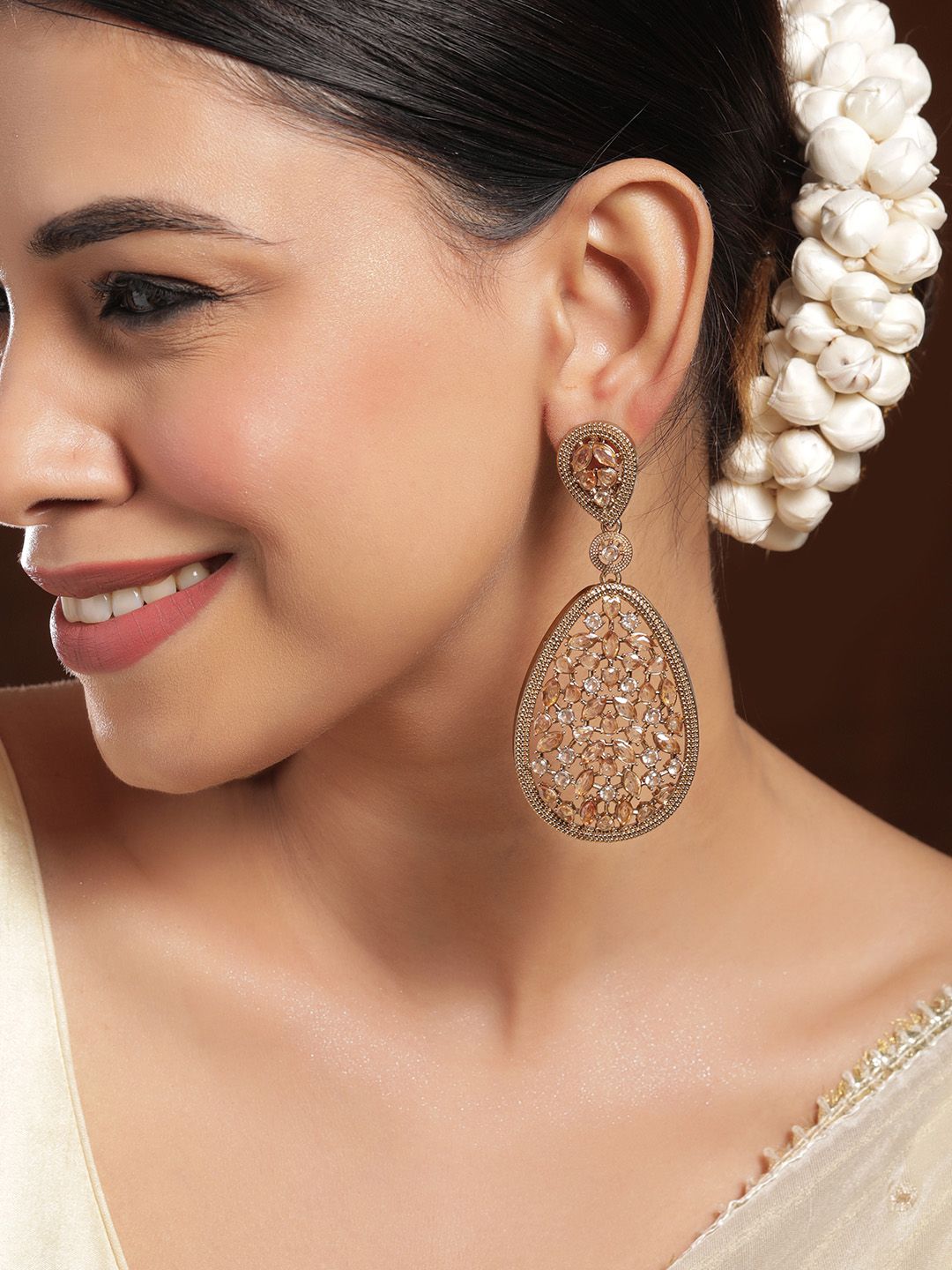 Rubans 22K Mehandi Gold-Plated Crystal & Zircon Studded Traditonal Drop Earrings-picture-57