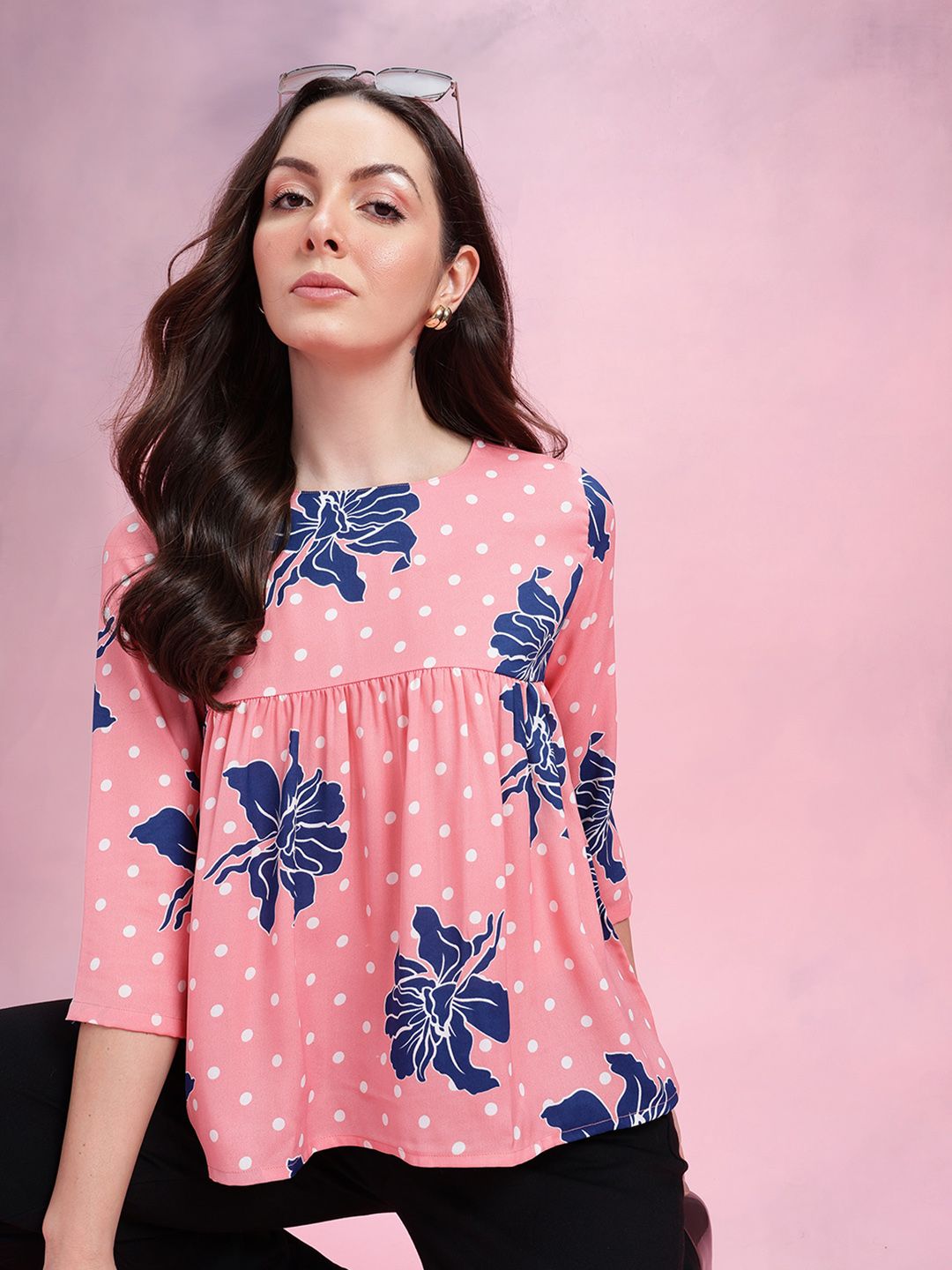 DressBerry Floral Print Boat Neck Gathered Detail Empire Top-picture-17