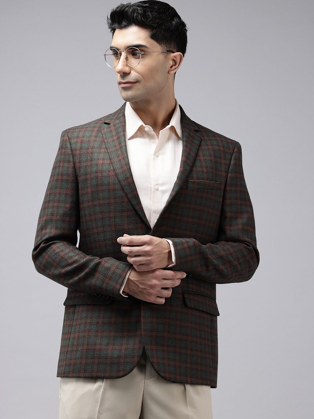 Park Avenue Checked Notched Lapel Collar Slim Fit Formal Blazer-picture-15