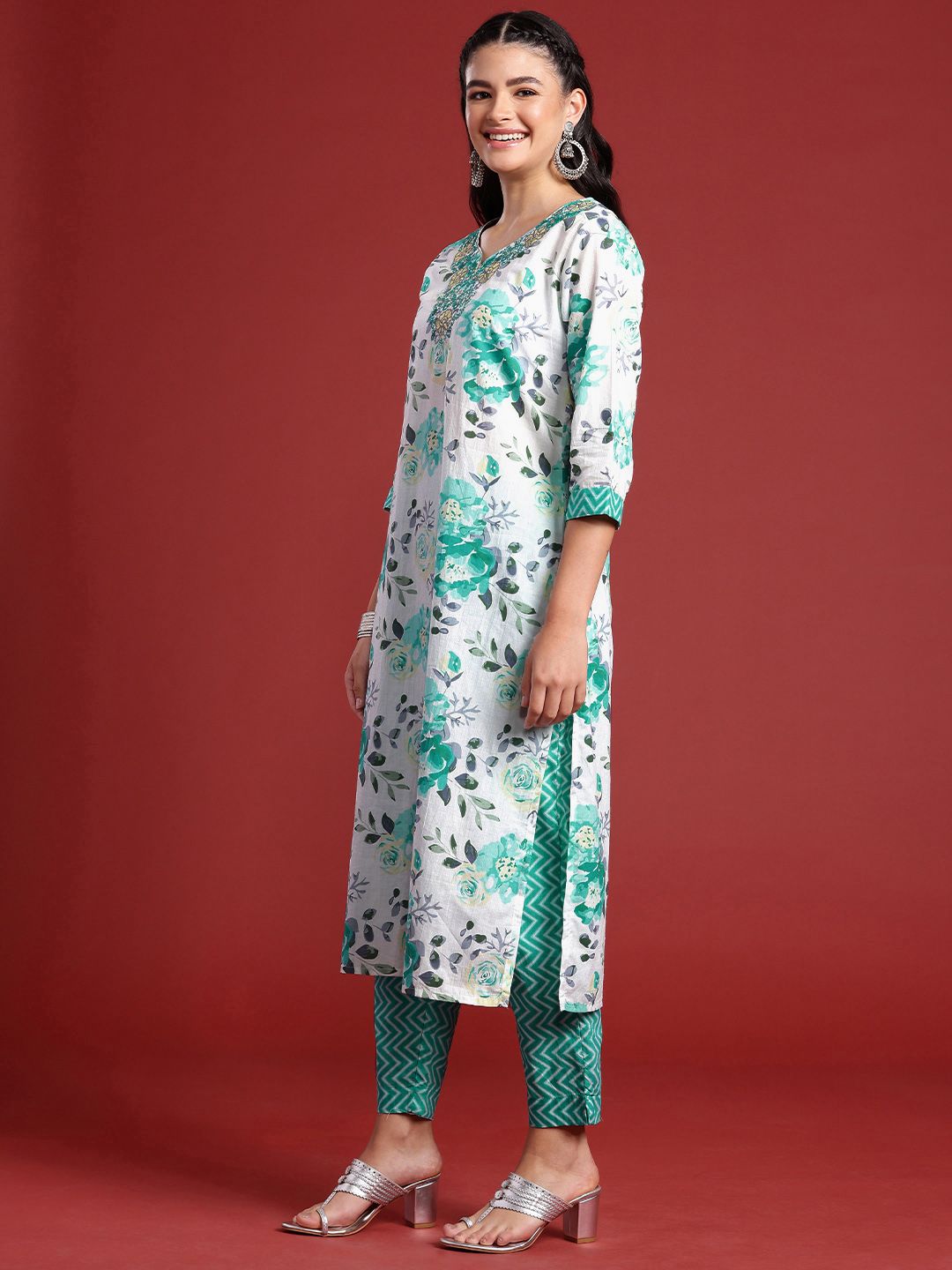 Women Floral Printed Angrakha Mirror Work Pure Cotton Kurta with Trousers & With Dupatta main image 1