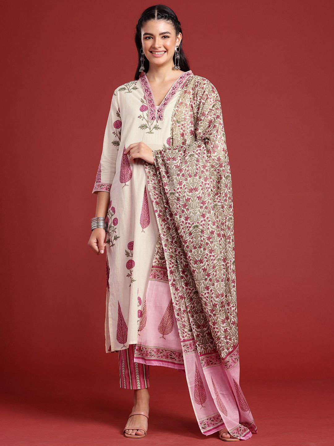 Anouk Floral Printed Mirror Work Pure Cotton Kurta with Trousers & With Dupatta