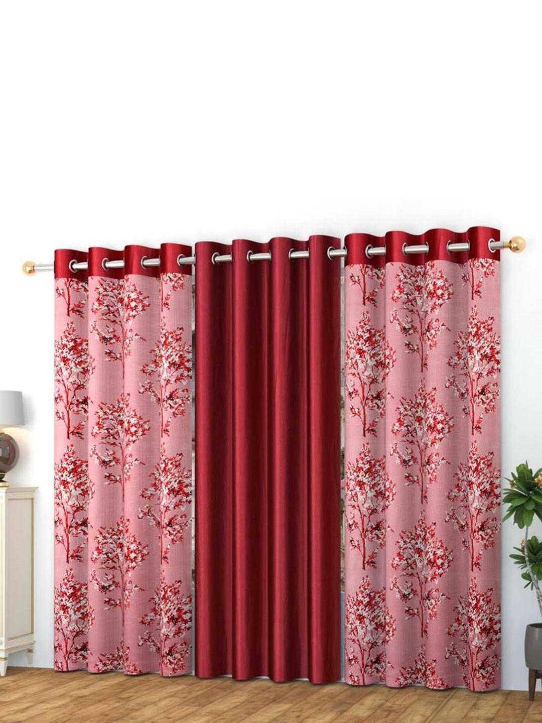 Banchmark Home Furnishings Maroon & White Set of 3 Floral Black Out Long Door Curtain-image-37