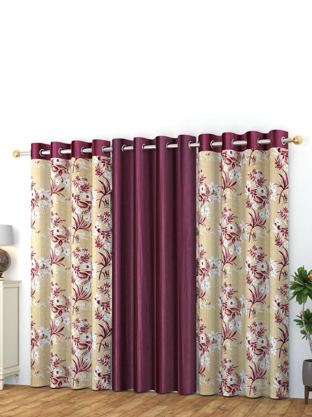 Banchmark Home Furnishings Purple & White Set of 3 Floral Black Out Long Door Curtain-image-37