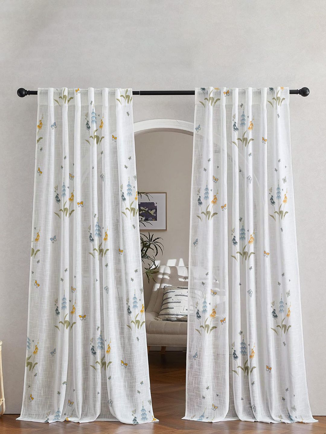 Tranquebar Home Blue & White 2 Pieces Floral Printed Sheer Window Curtains-image-44