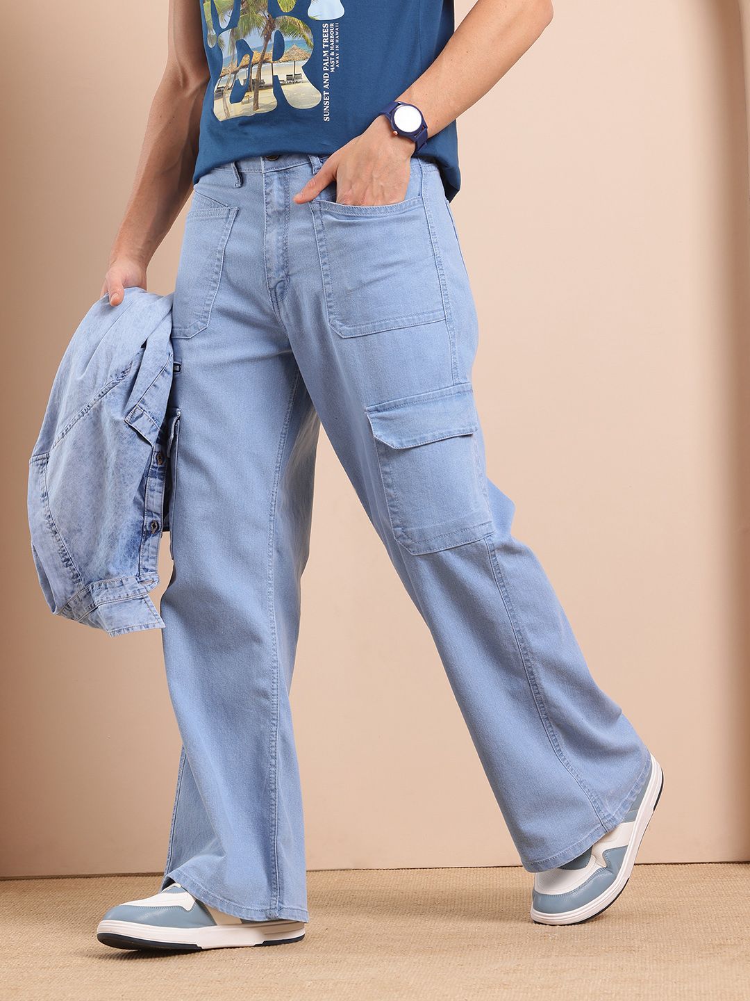 Mast & Harbour Men Straight Fit Stretchable Flared Cargo Style Jeans-picture-37