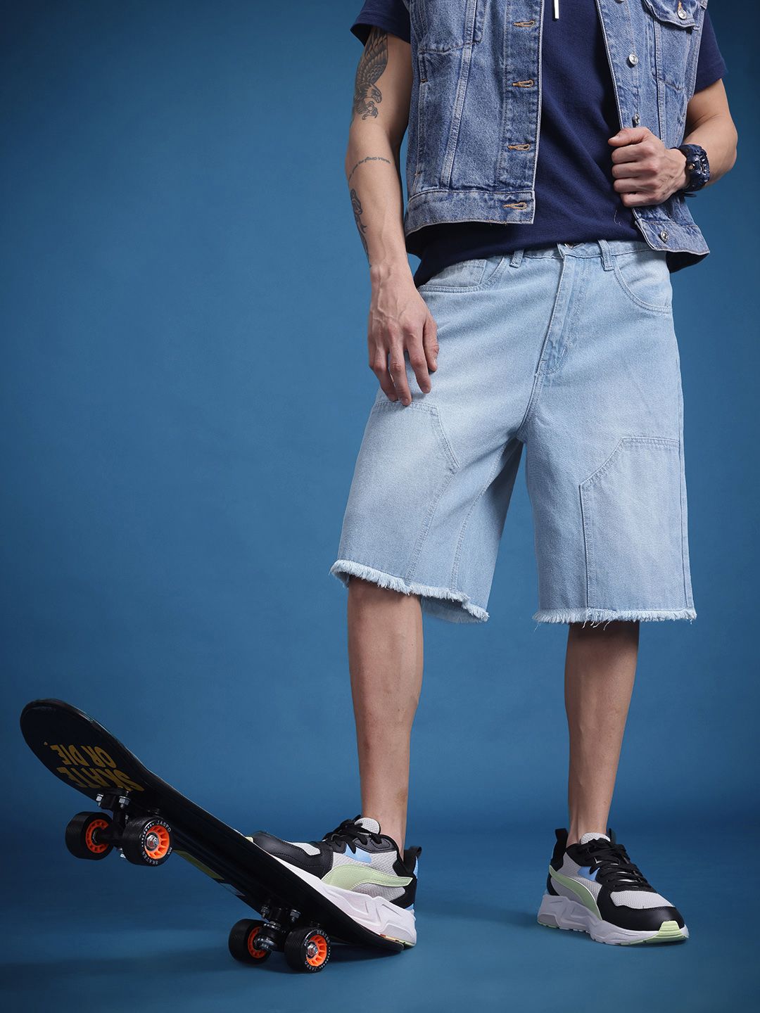 The Roadster Life Co. Men Cotton Washed Denim Relaxed Fit Frayed Jorts-picture-19