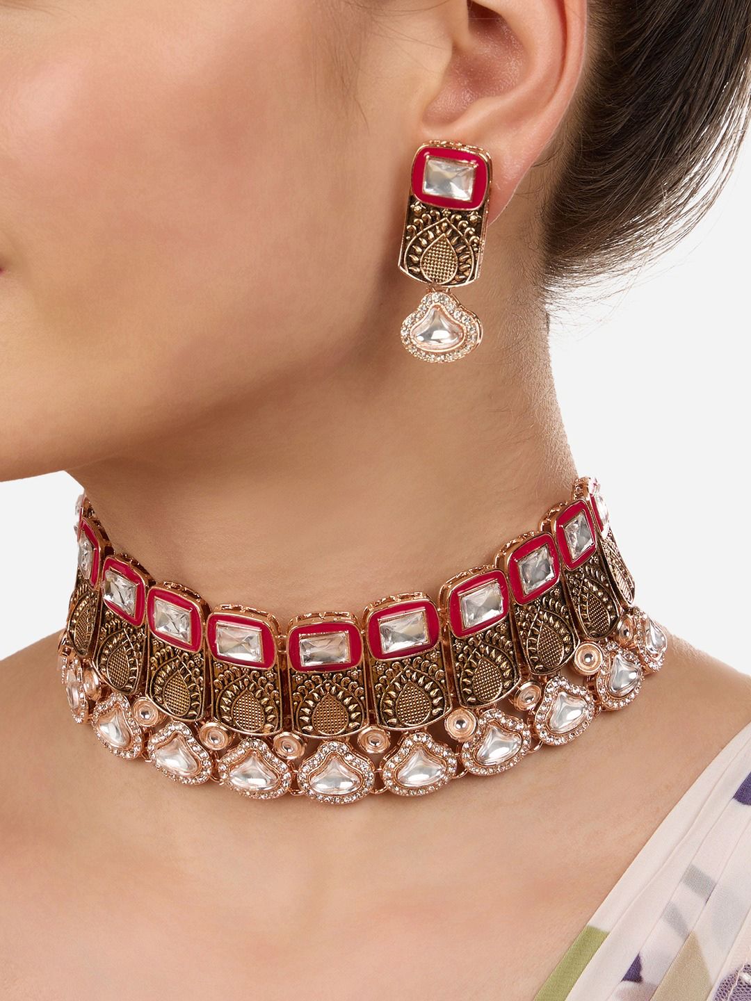 Zaveri Pearls Rose Gold-Plated Meenakari Austrian Diamonds Stone Studded Jewellery Set-picture-36