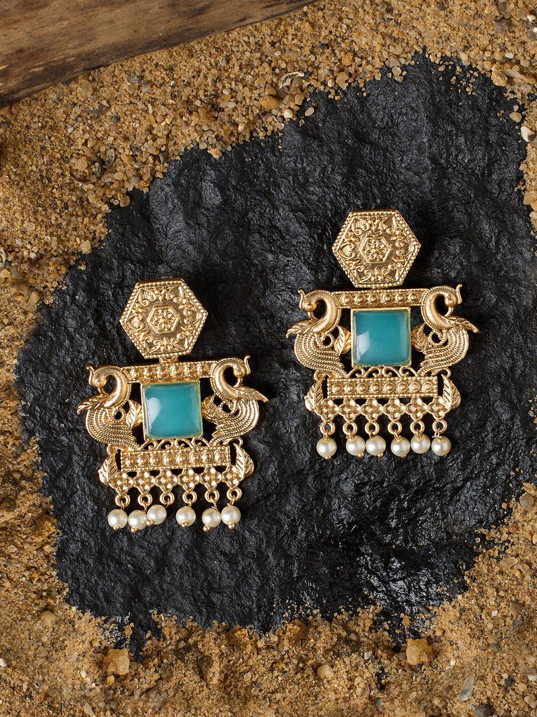 Zaveri Pearls Gold-Plated Peacock Shaped Stone Studded & Beaded Drop Earrings-picture-36