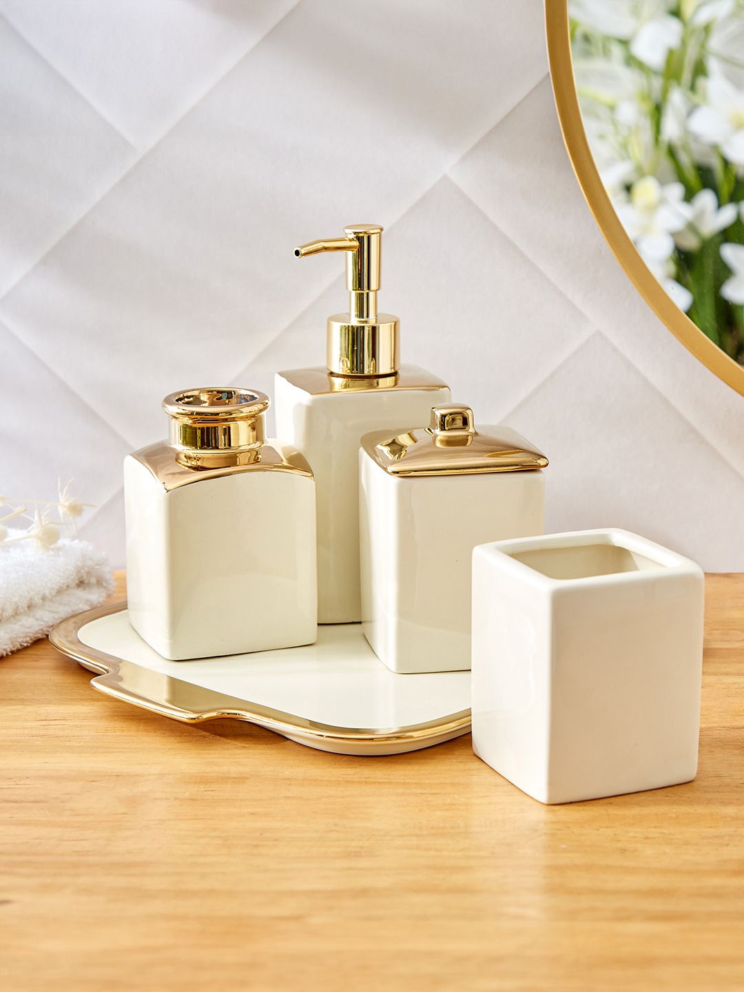 Home Centre White & Gold-Toned 5 piece Solid Matte Ceramic Bathroom Set-picture-16