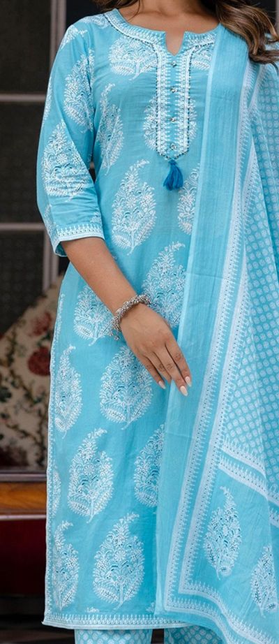 Ethnic Motifs Printed Pure Cotton Kurta with Trousers & Dupatta