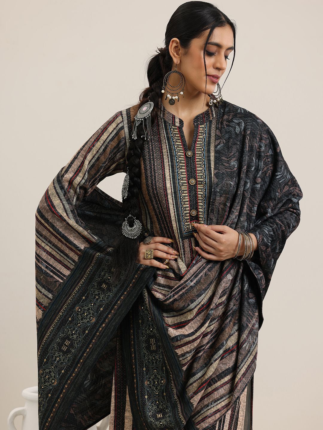Libas Grey Striped Mandarin Collar Straight Kurta with Palazzo & Dupatta