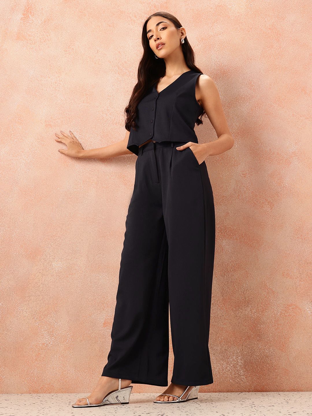 all about you Textured Waist-Coat Style Flared Leg Co-Ords