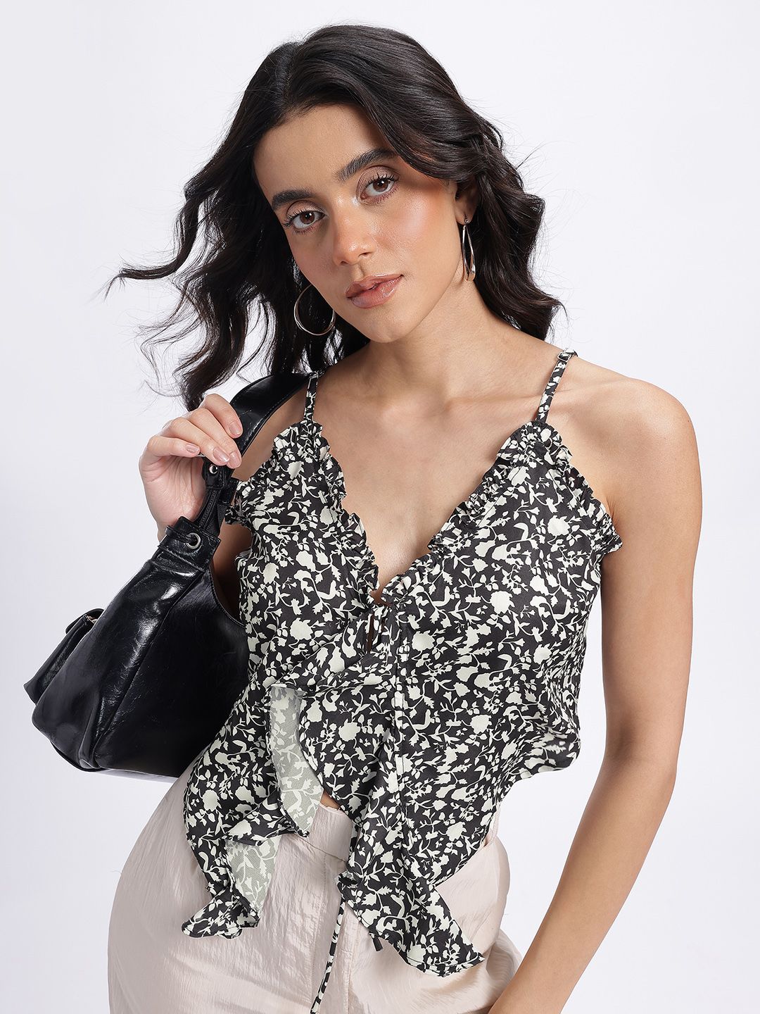 glitchez Ruffled Tie-Up Floral Print Asymmetric Hem Crop Top-picture-29