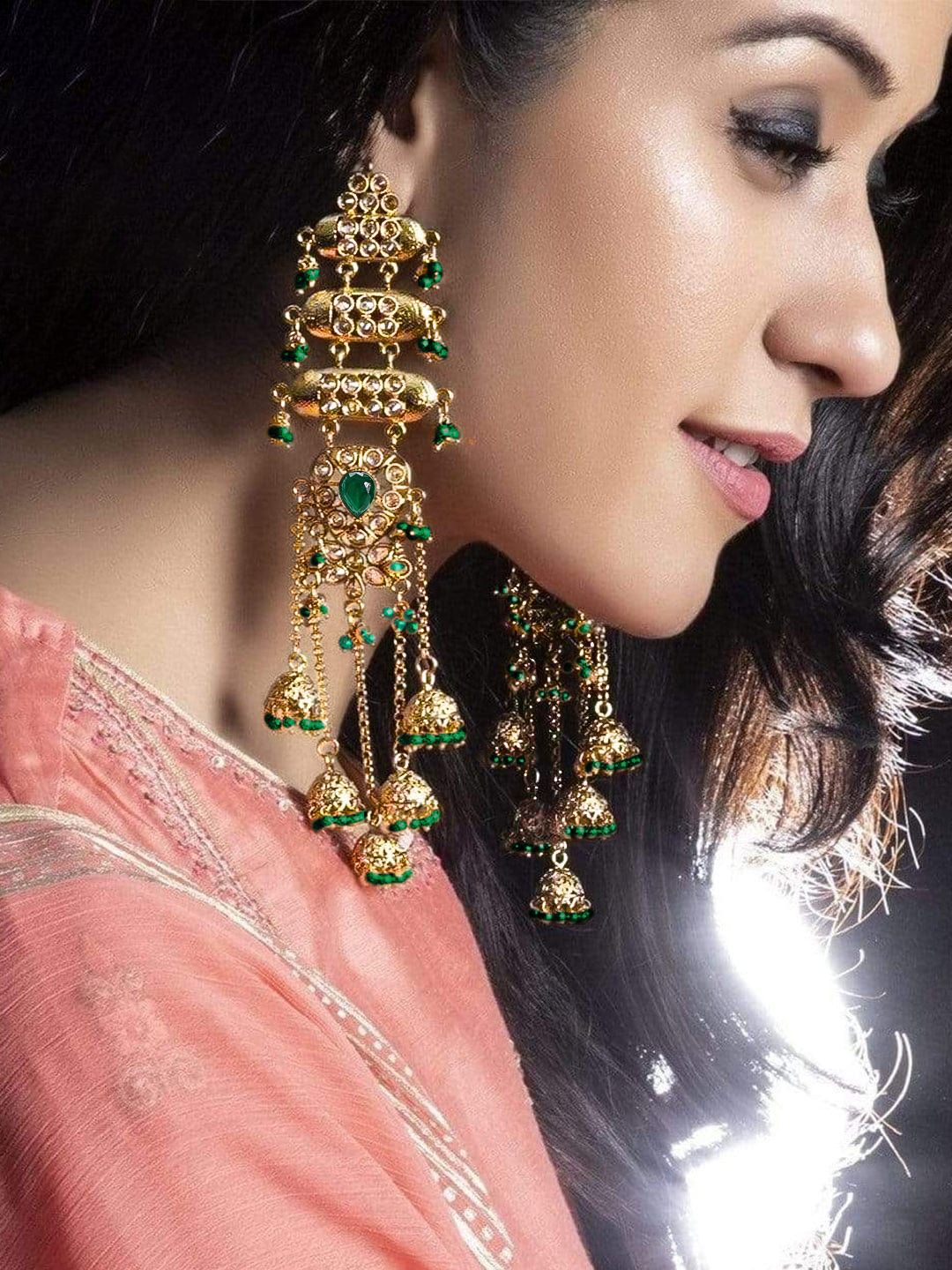 Rubans 18K Mehndi Gold-Plated Emerald Studded Shoulder Duster Jhumka Earrings-picture-42