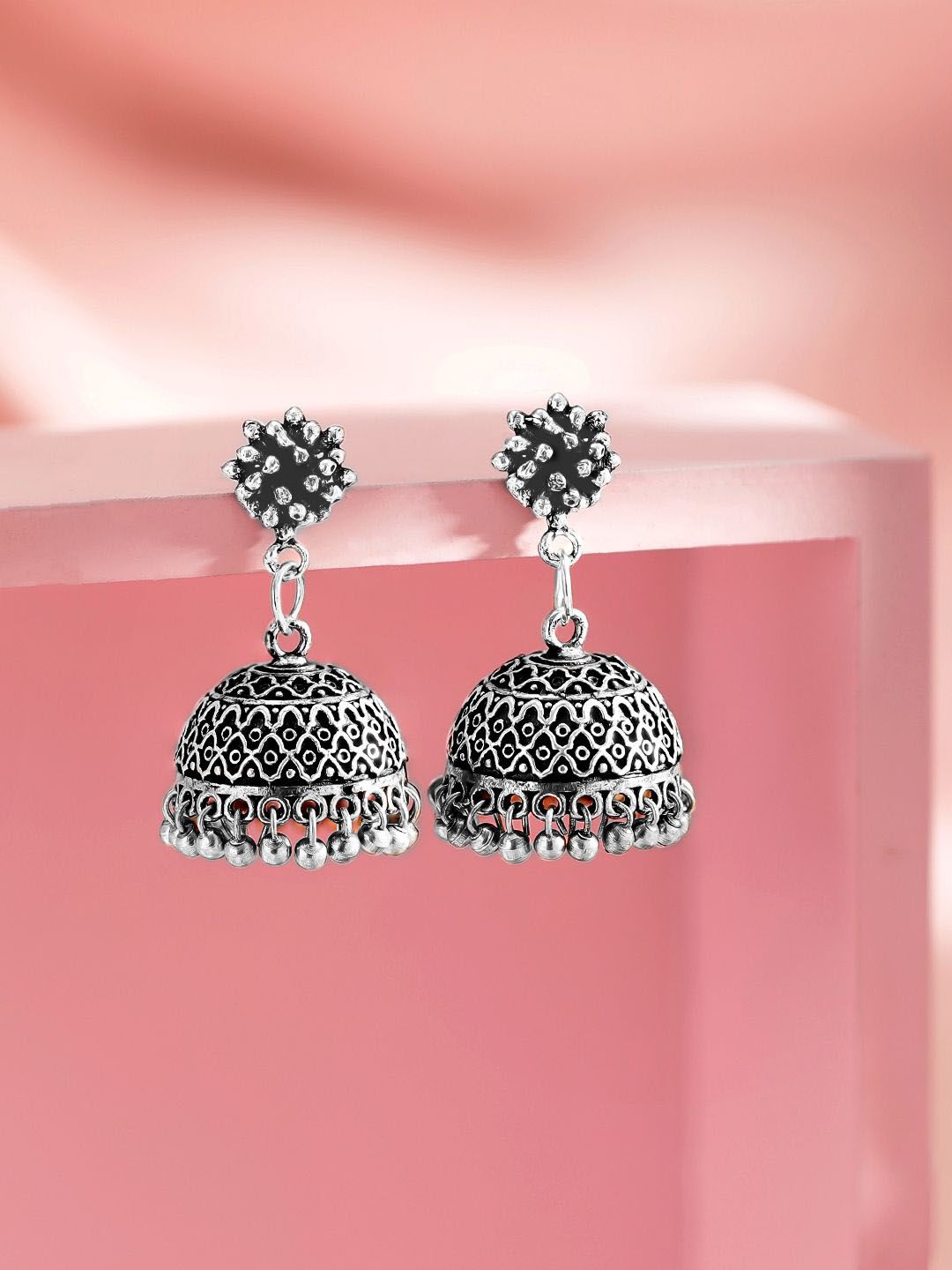 Rubans Oxidised Silver-Plated Traditional Jhumka Earrings-picture-29