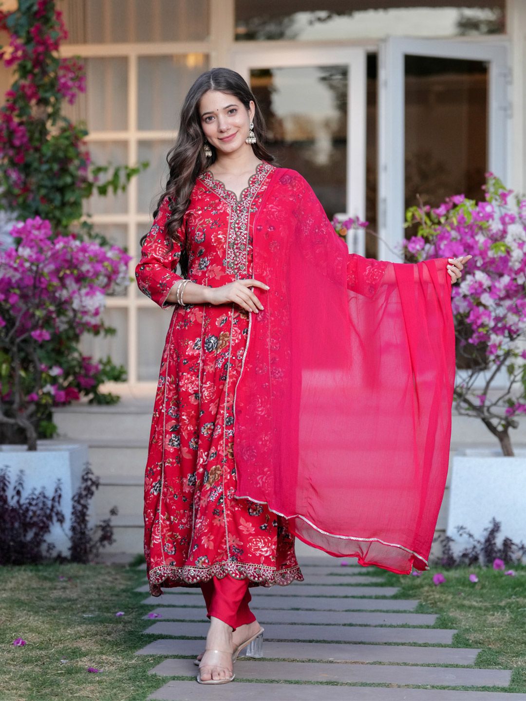 TOULIN Floral Printed A Line Kurta with Palazzos & With Dupatta