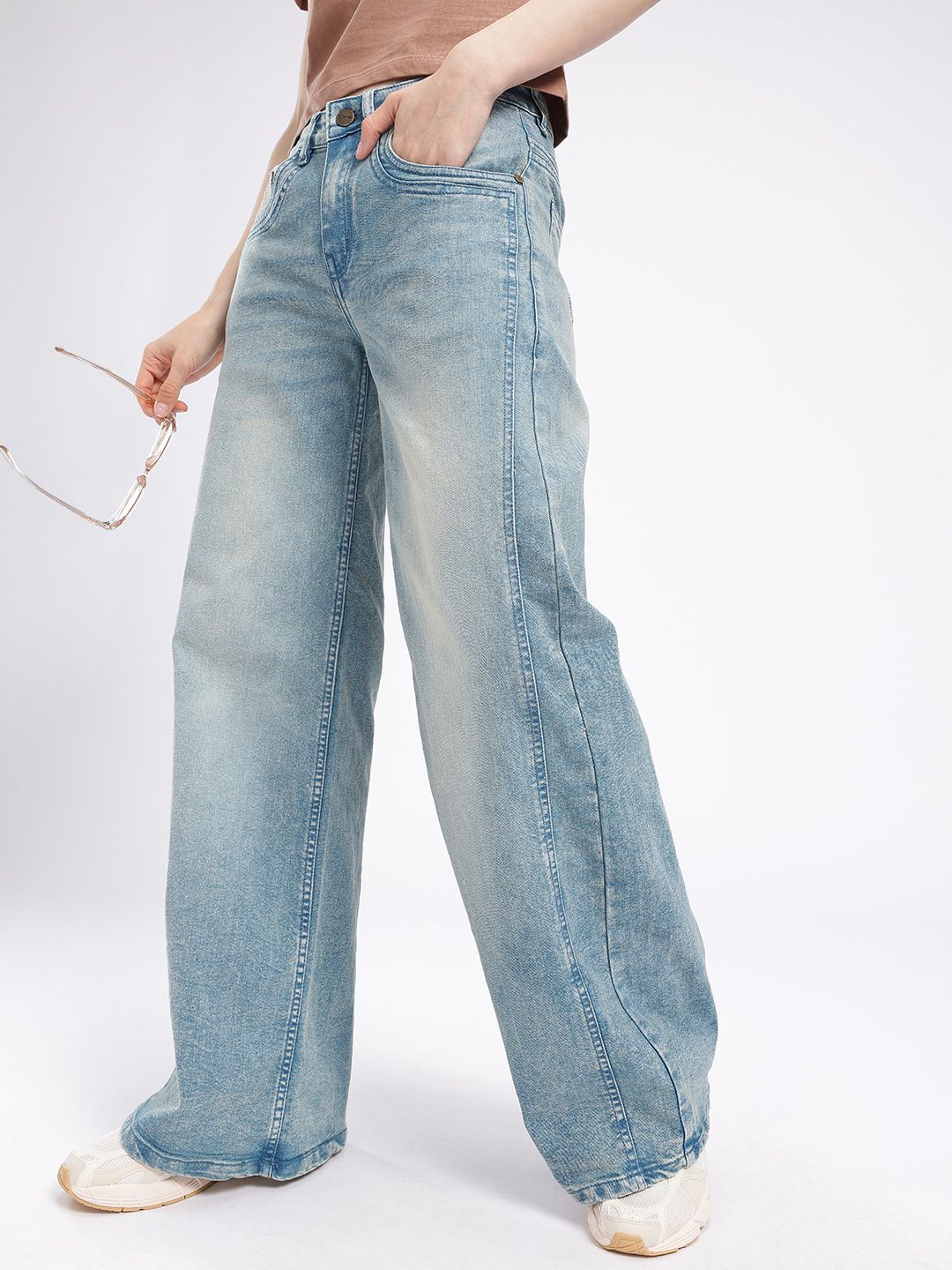glitchez Women Timeless Cool Wide Leg Light Faded Stretchable Jeans-image-7