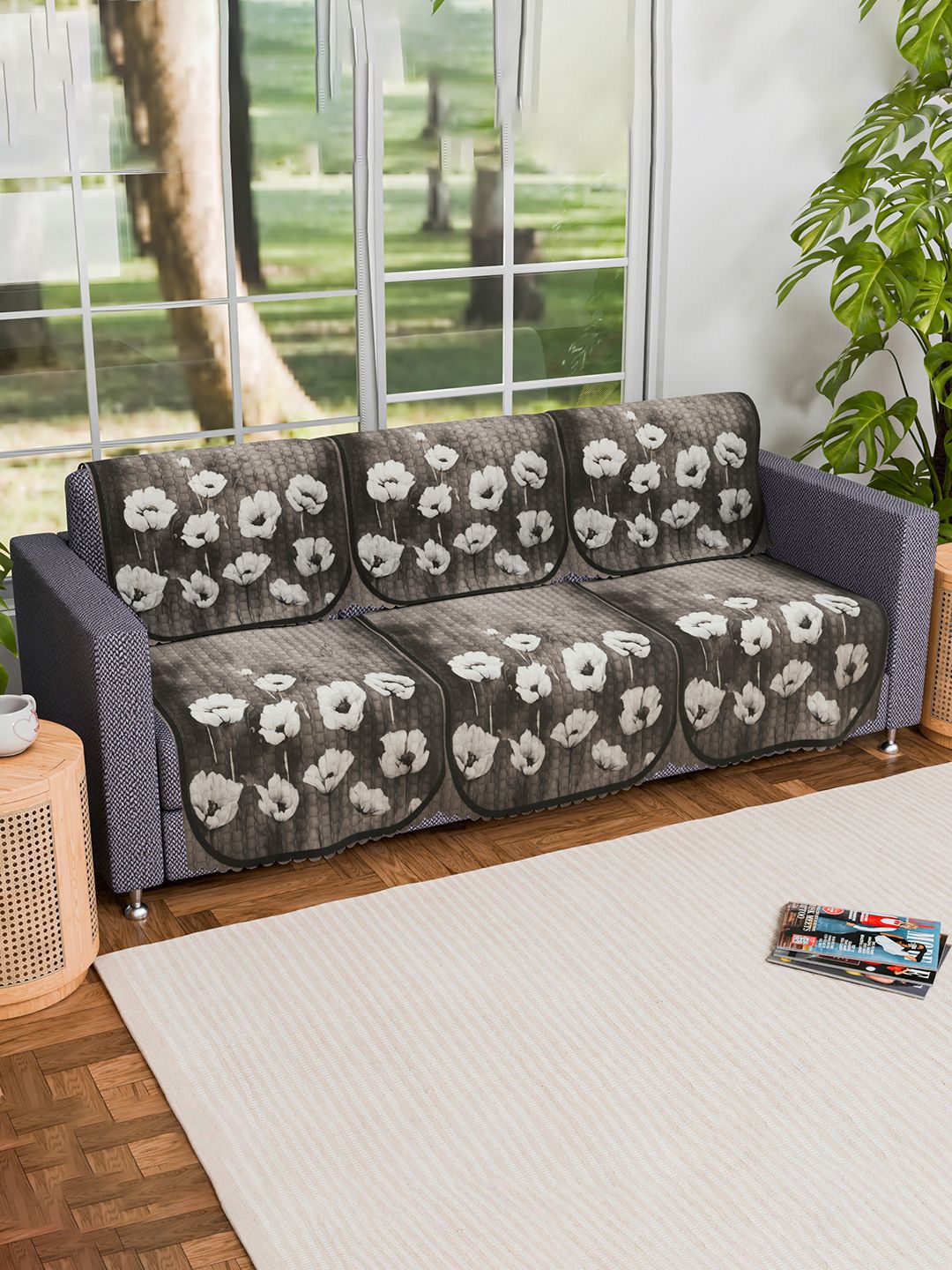 Kuber Industries Green & White Set Of 2 Floral Printed 3 Seater Velvet Sofa Covers-picture-41