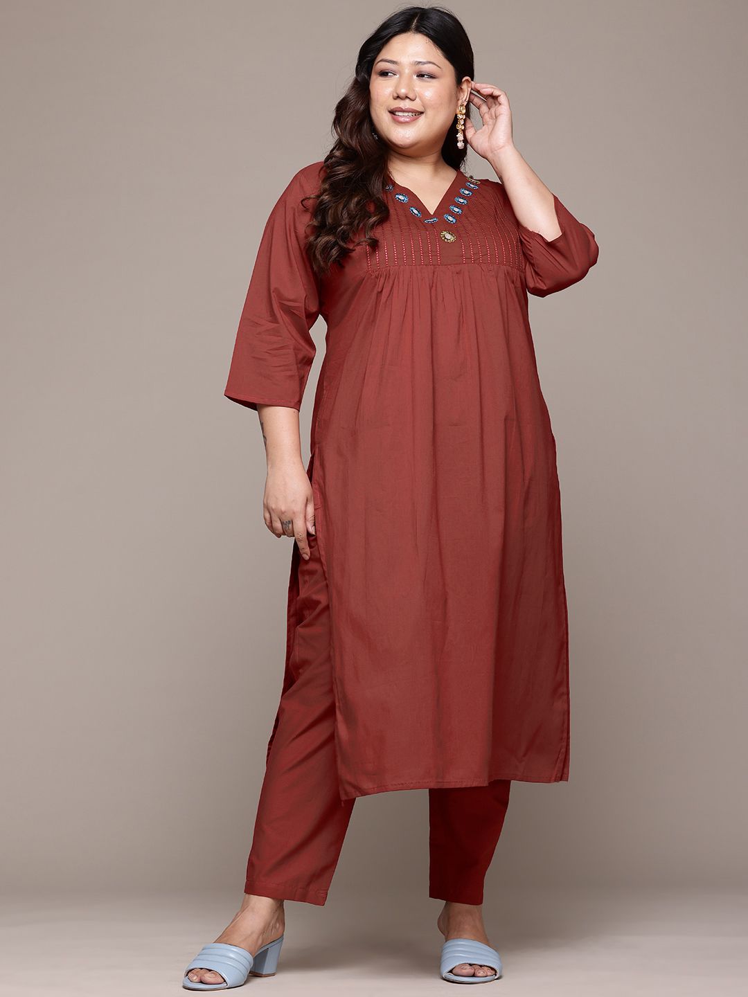 Readiprint Plus Size Yoke Design Pleated Pure Cotton Kurta with Palazzos