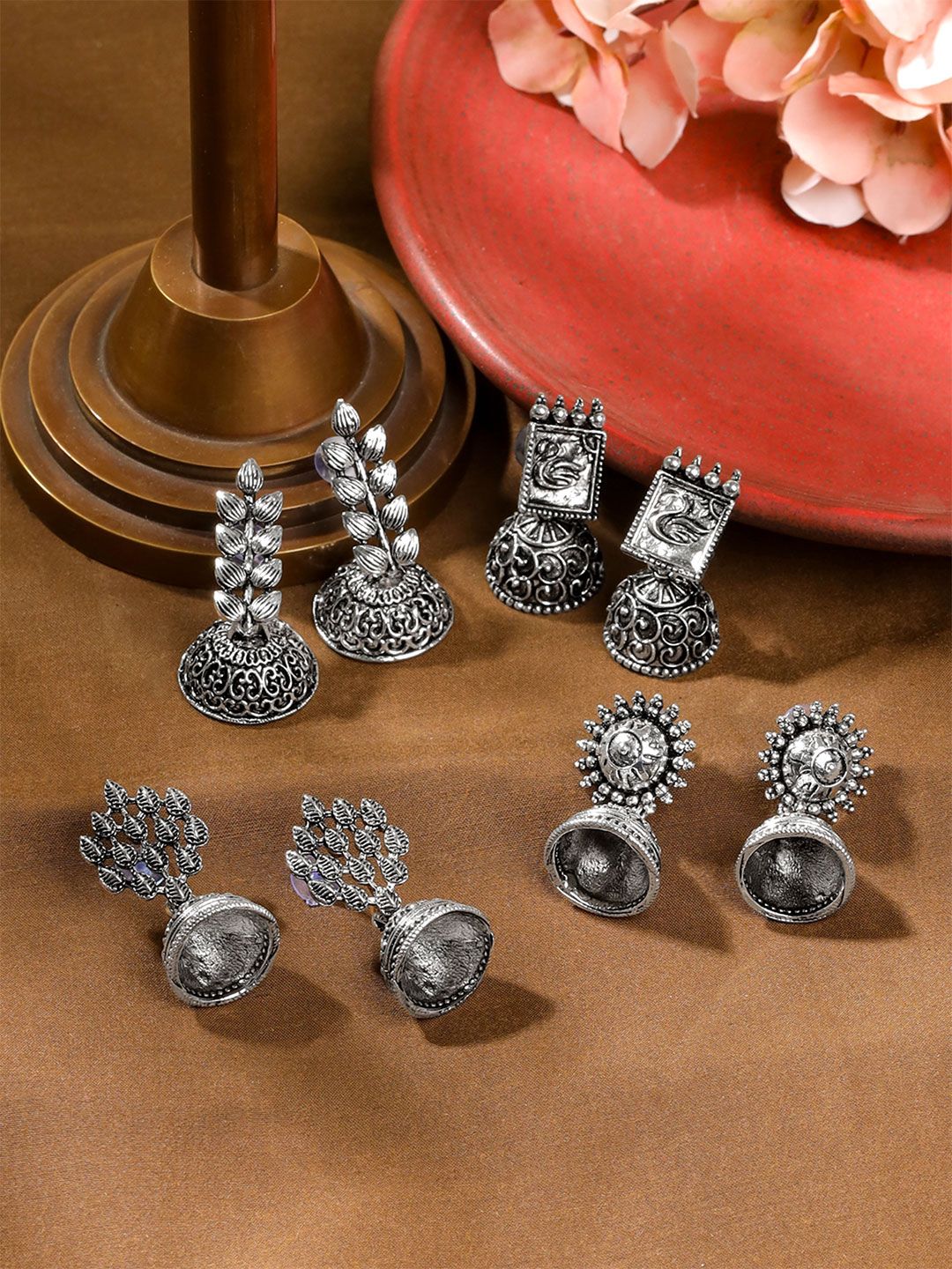 Yellow Chimes Set Of 4 Silver-Plated Oxidised Contemporary Jhumkas