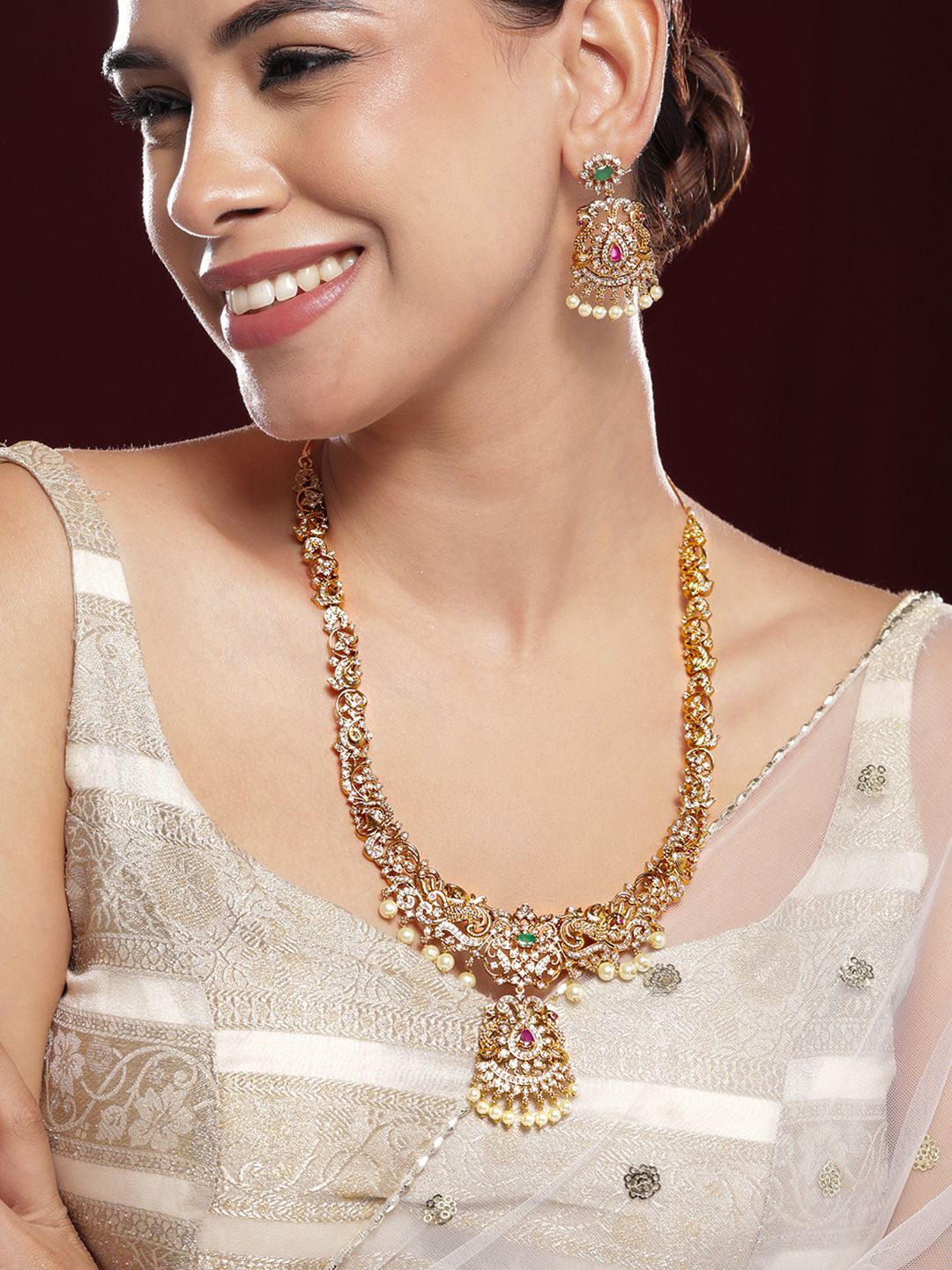 Rubans 22K Gold-Plated Emerald, Ruby Pink & Cubic Zirconia Jewellery Set with Pearl Beads-image-3