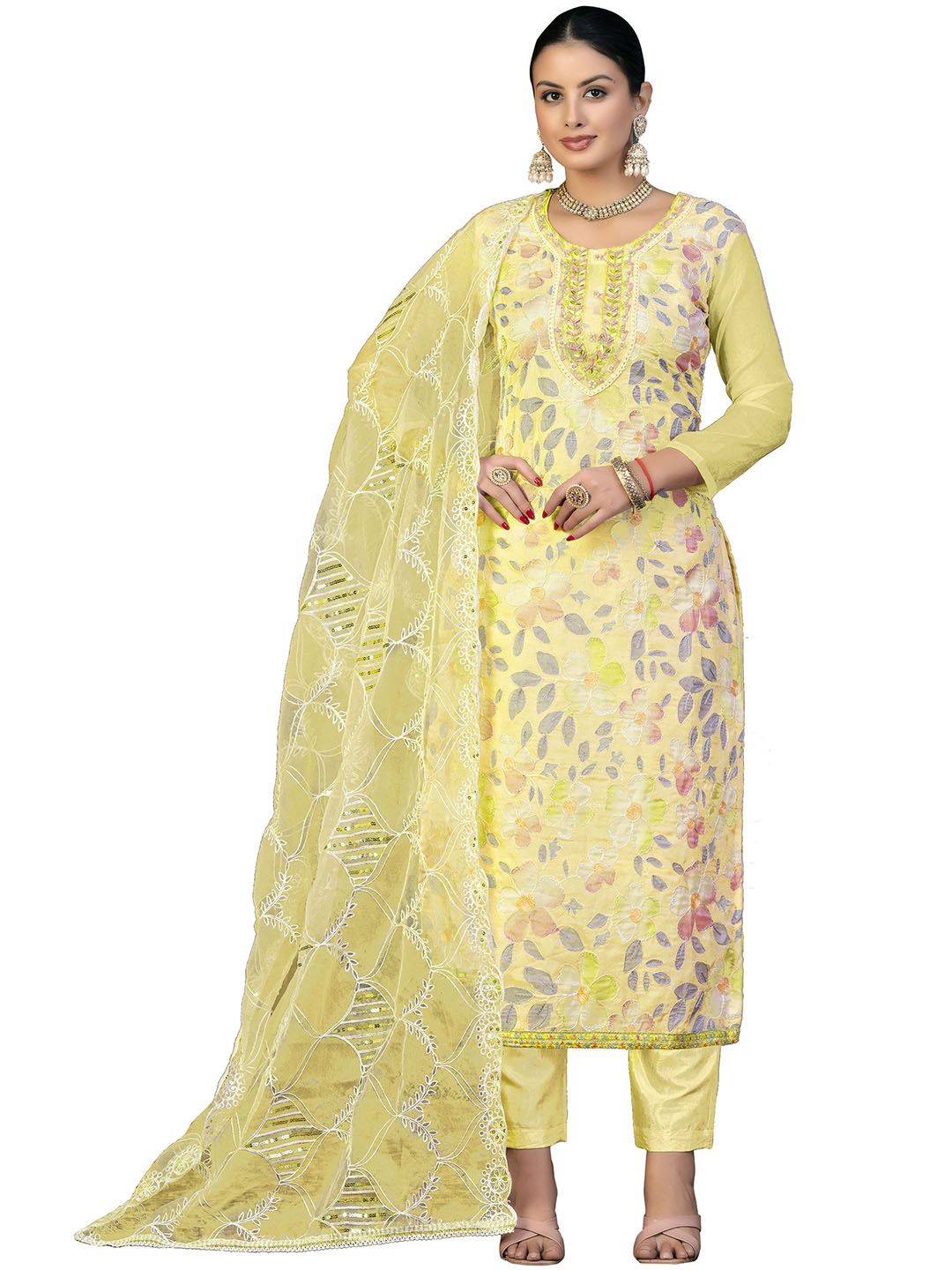 Maroosh Floral Printed Beads and Stones Organza Unstitched Dress Material-picture-54
