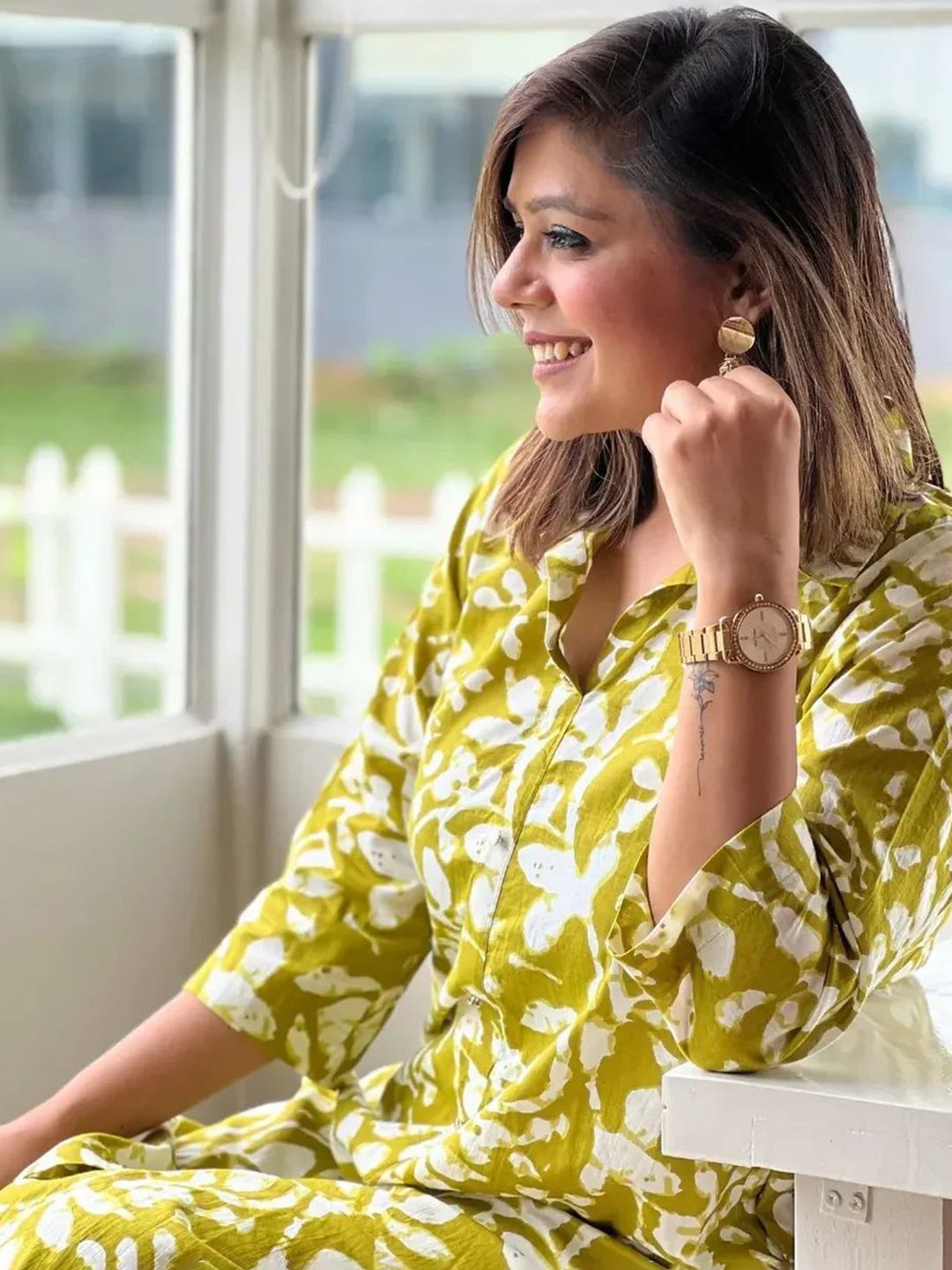 Shrivani Floral Printed Shirt Collar Pure Cotton A-Line Kurta With Palazzo