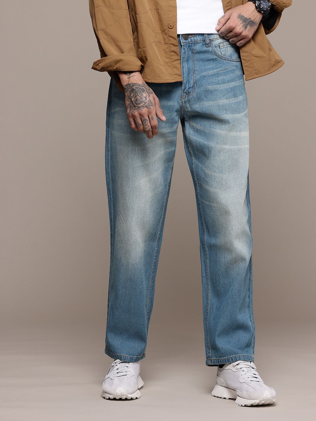 WROGN Men Pure Cotton Loose Fit Heavy Fade Jeans-image-10