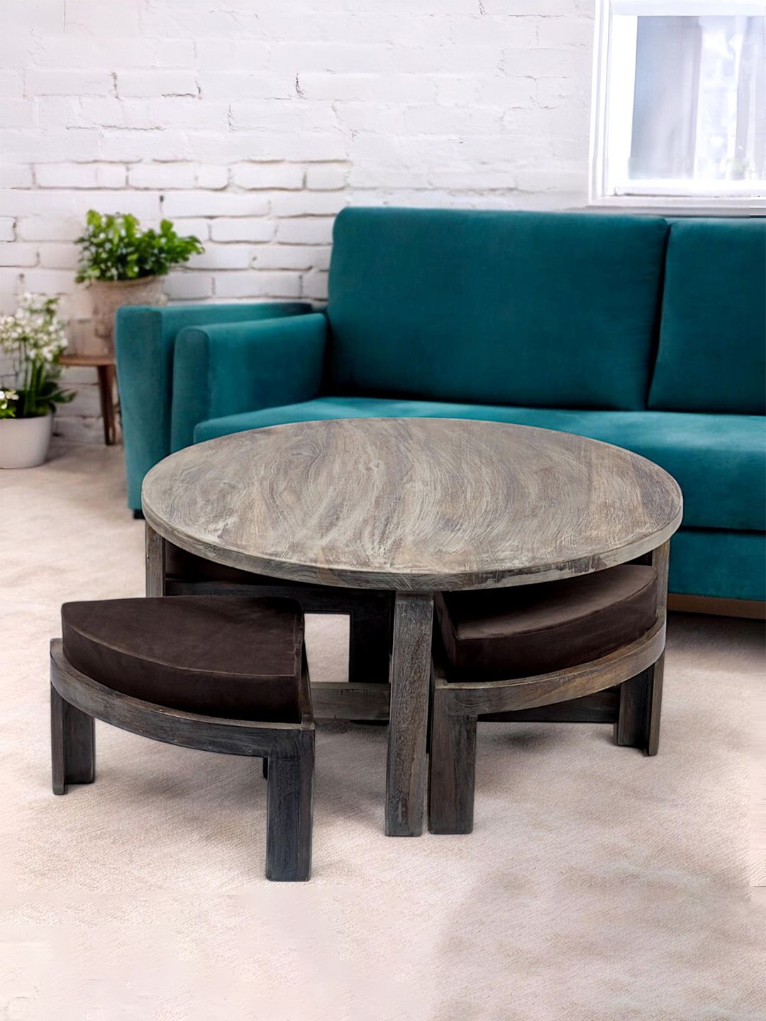 Ikiriya Grey & Brown Round Coffee Table and Stool With Cushion-image-18