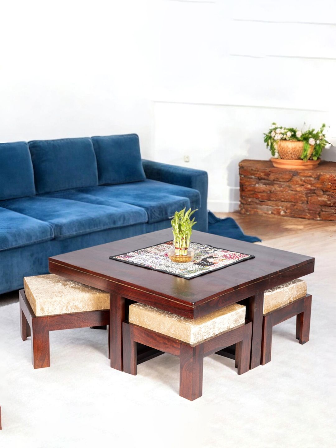 Ikiriya Brown Sheesham Wood Dark Walnut Finish Coffee Table with Stool and Cushions