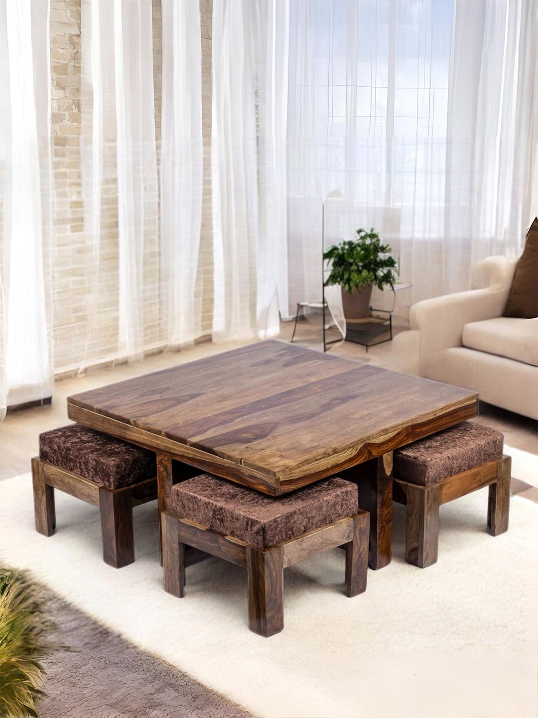 Ikiriya Coffee Brown Square Wood Contemporary Coffee Table and Stool With Cushion