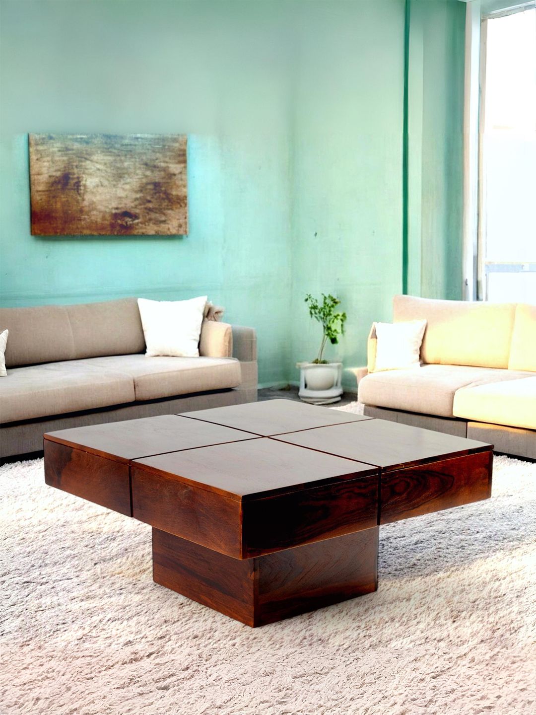 Ikiriya Red Sheesham Wood Contemporary Dark Walnut Finish Square Shape Coffee Table-image-23