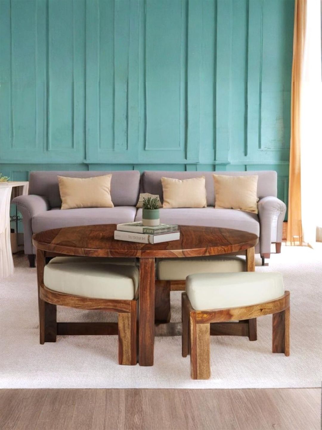 Ikiriya Brown Sheesham Wood Natural Teak Finish Round Coffee Table with Stool and Cushions-image-5
