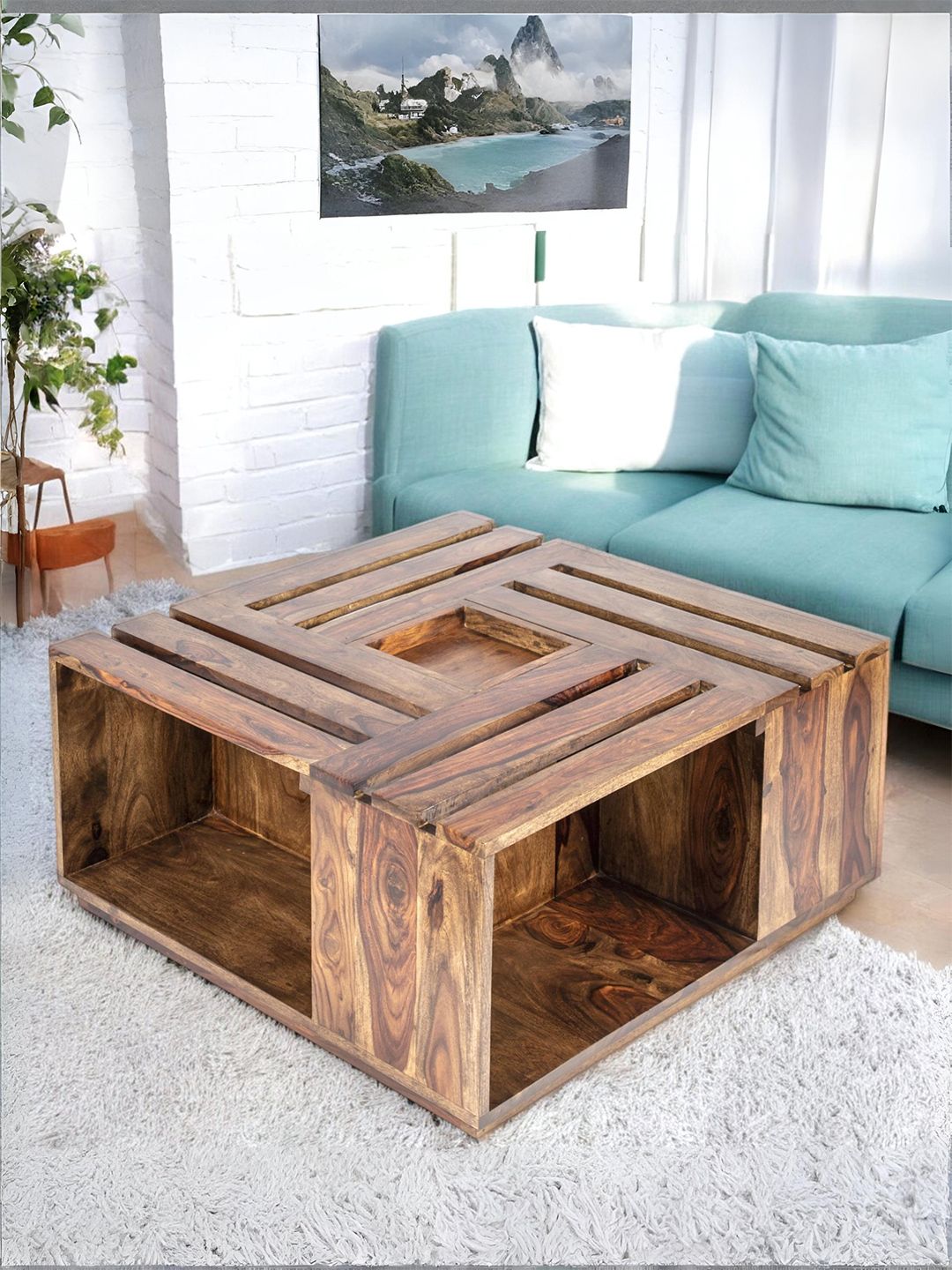 Ikiriya Brown Square Shaped Sheesham Wooden Contemporary Coffee Table-picture-33