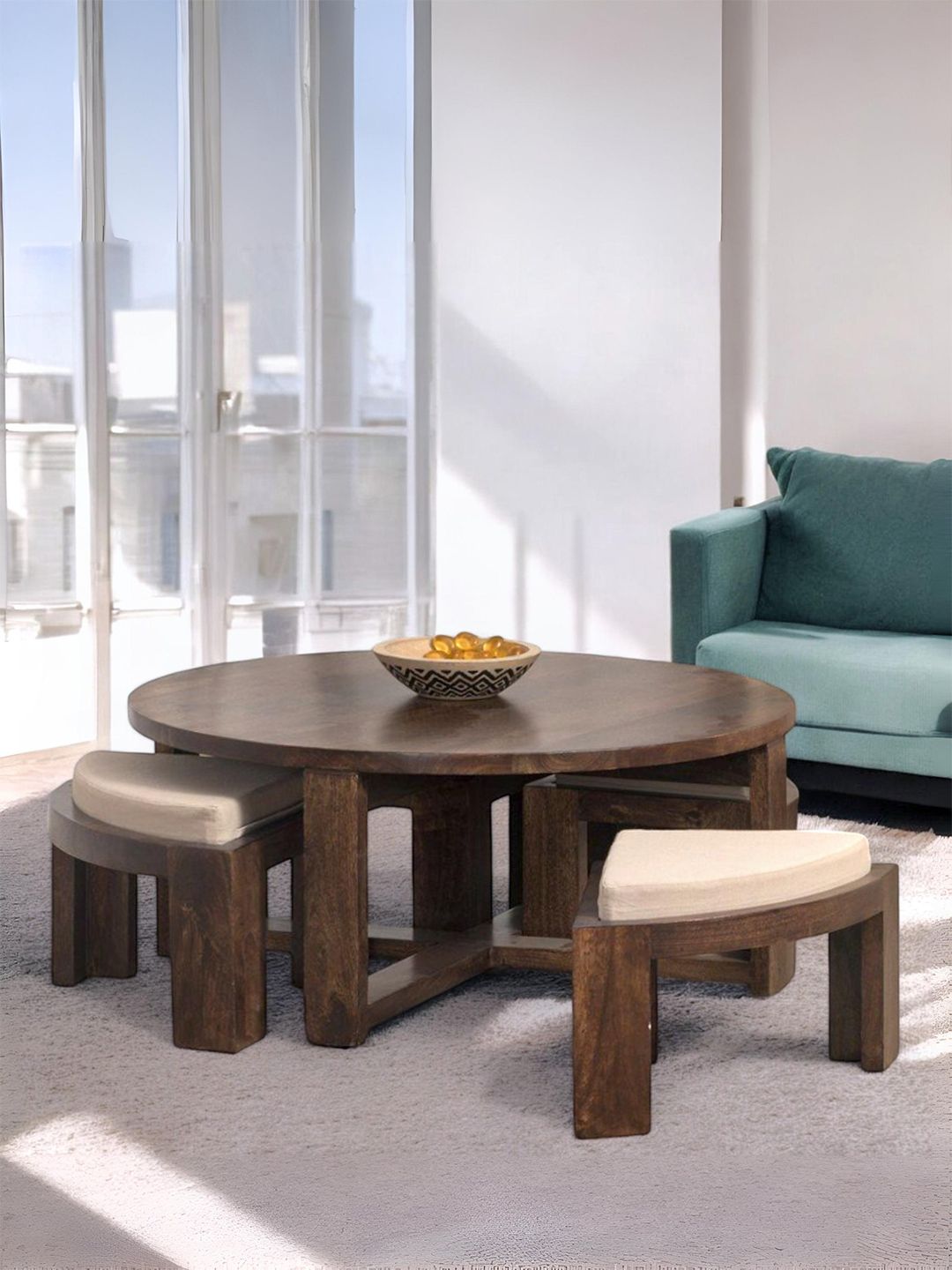 Ikiriya Brown Round Shaped Sheesham Wooden Contemporary Coffee Table-picture-27