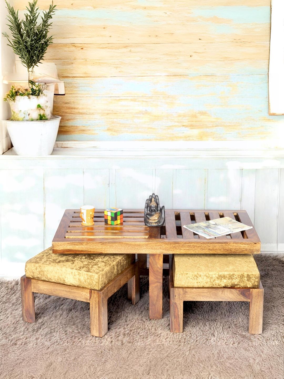 Ikiriya Brown Wooden in Teak Finish Square Coffee Table With Stool and Cushions-image-6