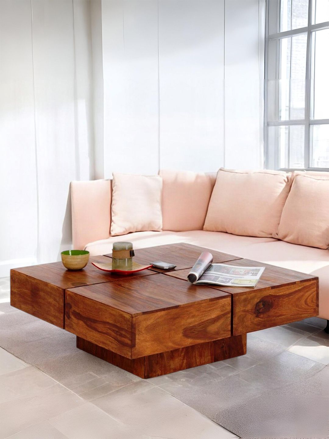 Ikiriya Brown Sheesham Wood Pine Finish Square Shaped Coffee Table