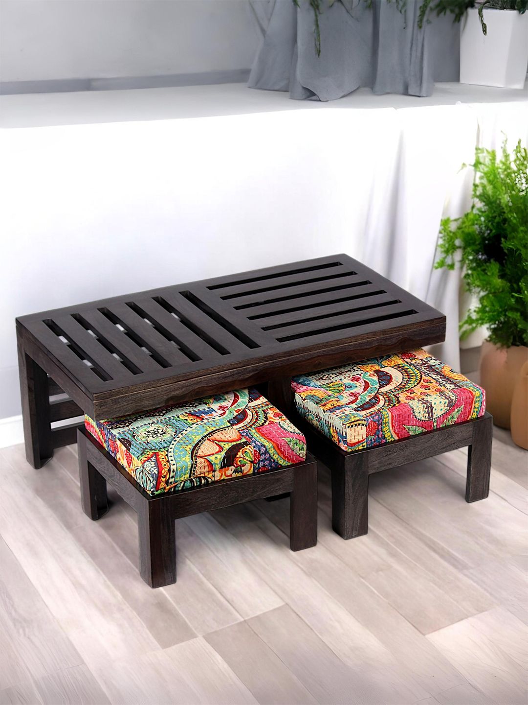 Ikiriya Black Textured Rectangle Shaped Sheesham Wooden Bohemian Coffee Table Set-image-10
