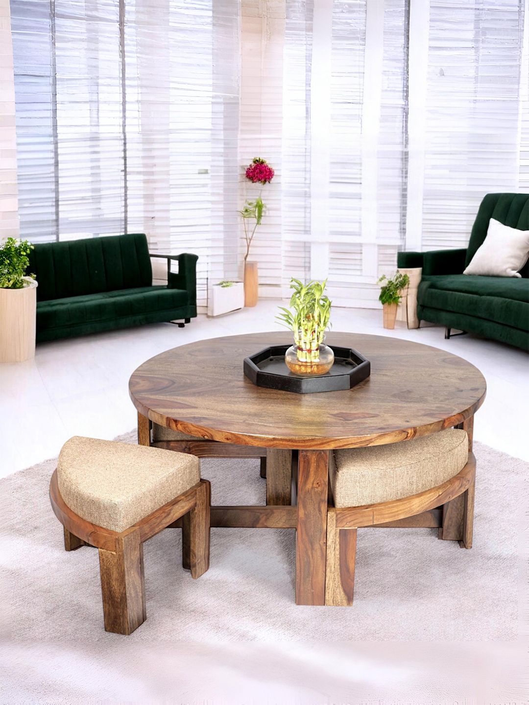 Ikiriya Brown Round Shaped Sheesham Wooden Contemporary Coffee Table Set-image-12