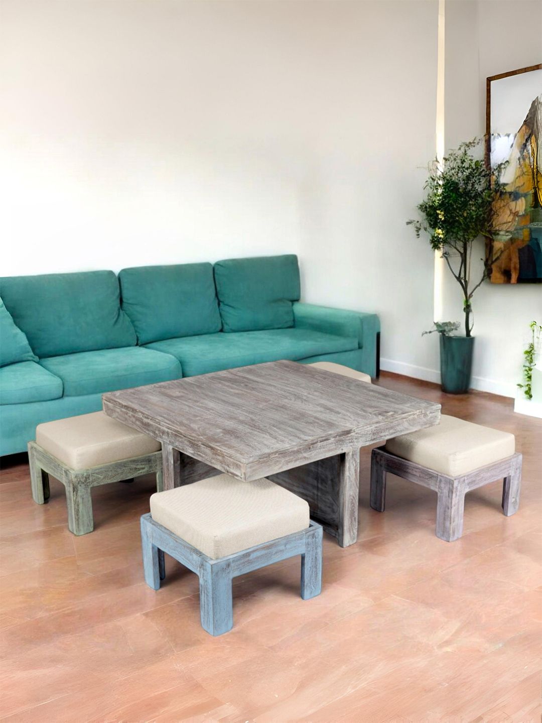 Ikiriya Grey & Blue Textured Wooden Square Coffee Table and Stool With Cushion
