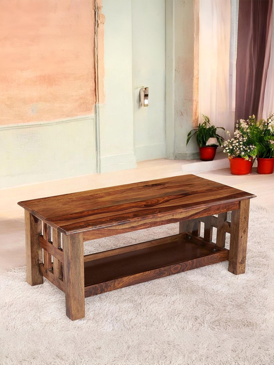 Ikiriya Coffee Brown Sheesham Wood Teak Finish Rectangle Shaped Coffee Table-picture-19