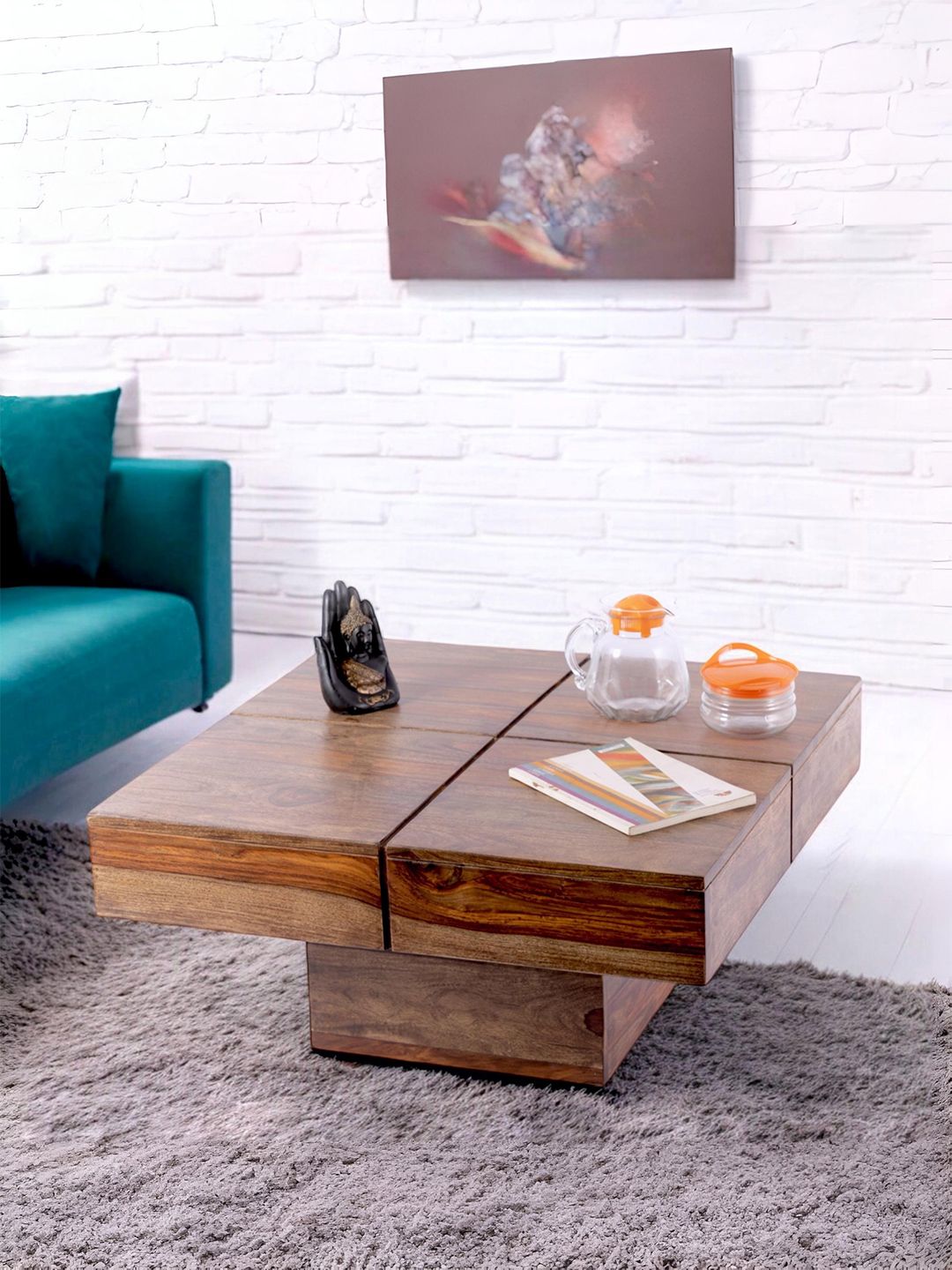 Ikiriya Coffee Brown Wood Contemporary Teak Finish Square Coffee Table-picture-32