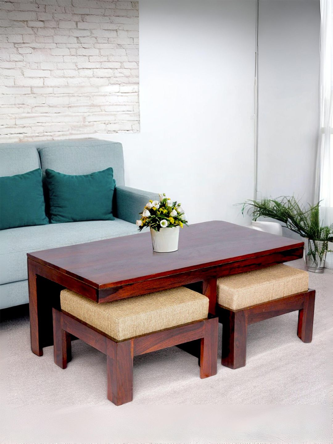 Ikiriya Brown Sheesham Wood Walnut Finish Rectangle Shaped Coffee Table Set