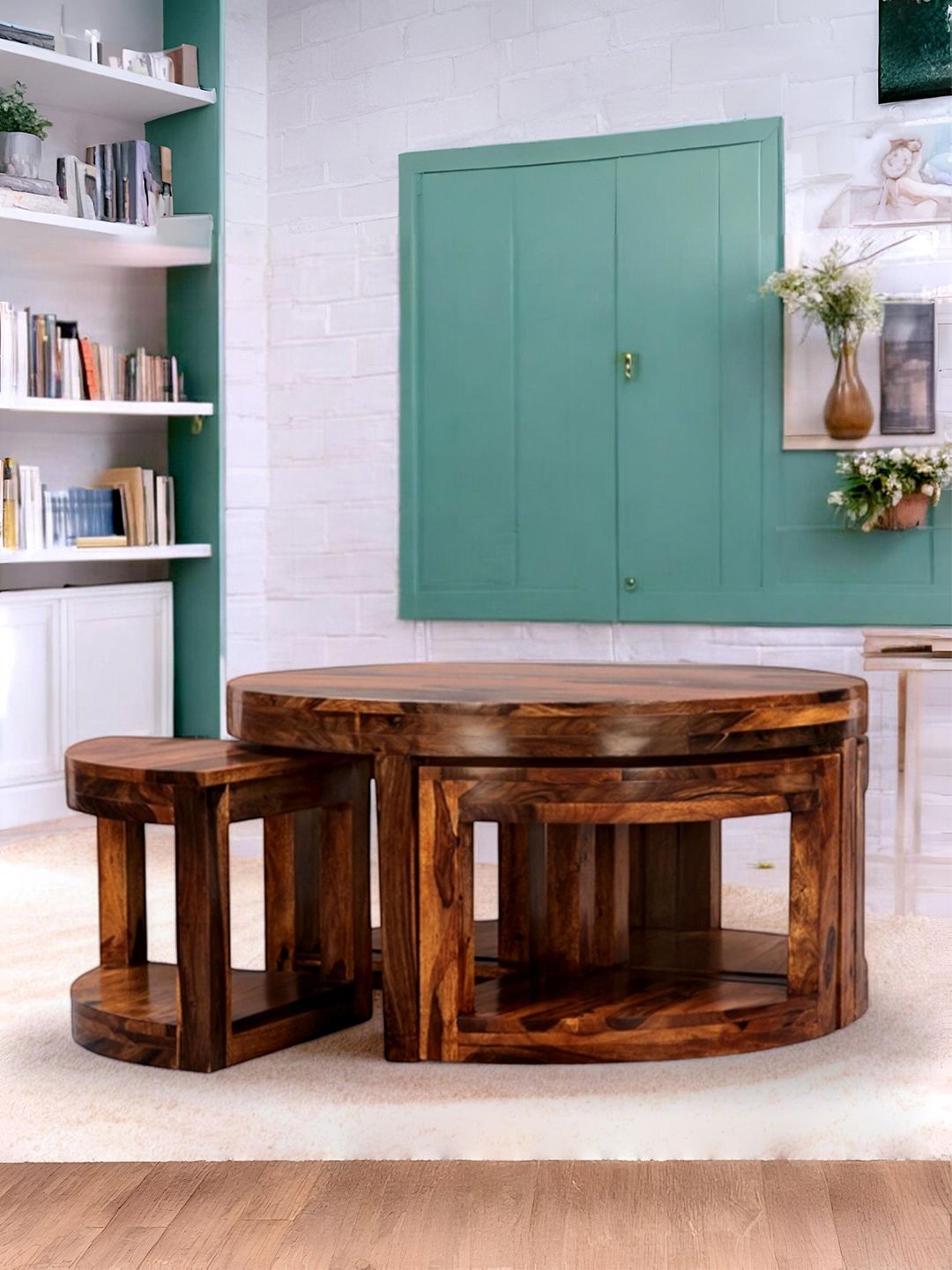 Ikiriya Brown Textured Wooden Round Provisional Teak Finish Coffee Table Set-image-17