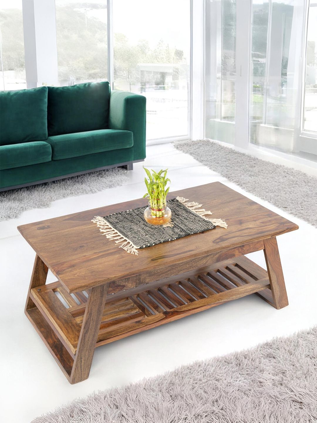Ikiriya Coffee Brown Wooden in Teak Finish Rectangle Coffee Table-image-11