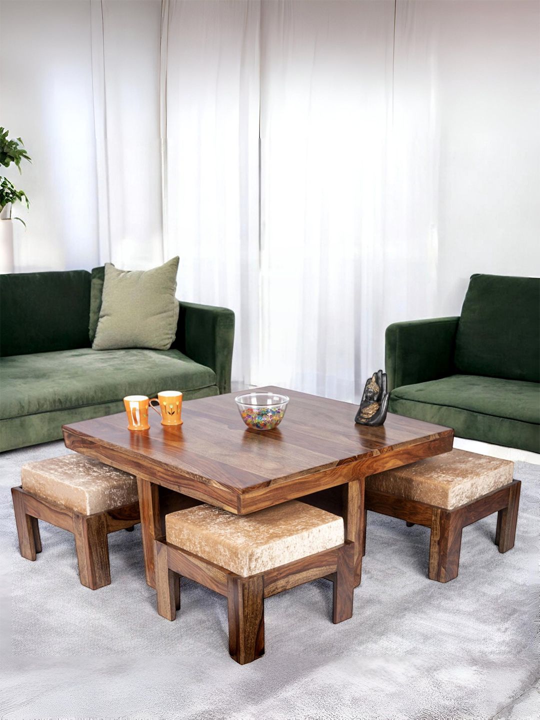 Ikiriya Coffee Brown Sheesham Wood Teak Finish Coffee Table with Stool and Cushions-picture-36