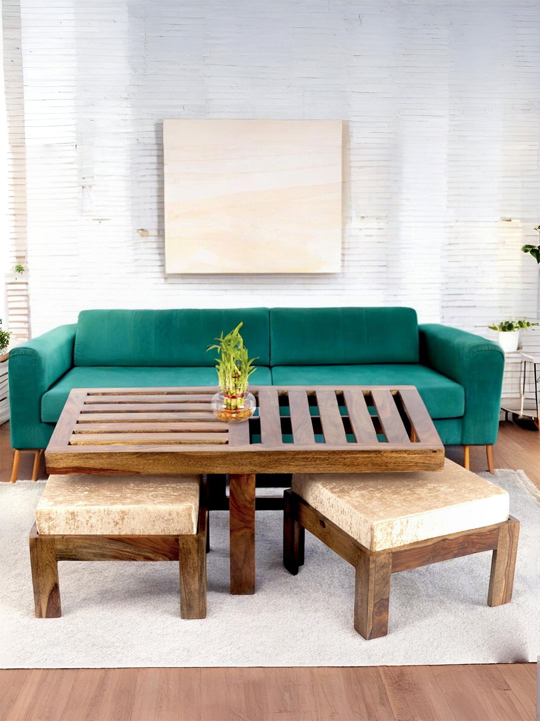 Ikiriya Coffee Brown Textured Wooden Teak Finish Coffee Table With Stool and Cushions-picture-13