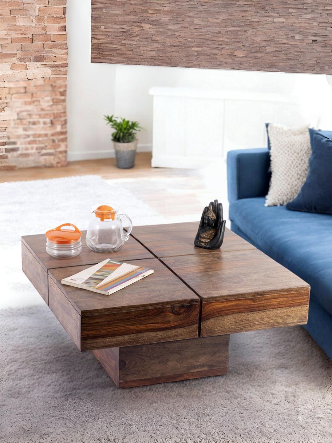 Ikiriya Coffee Brown Square Shaped Sheesham Wooden Contemporary Coffee Table-image-15