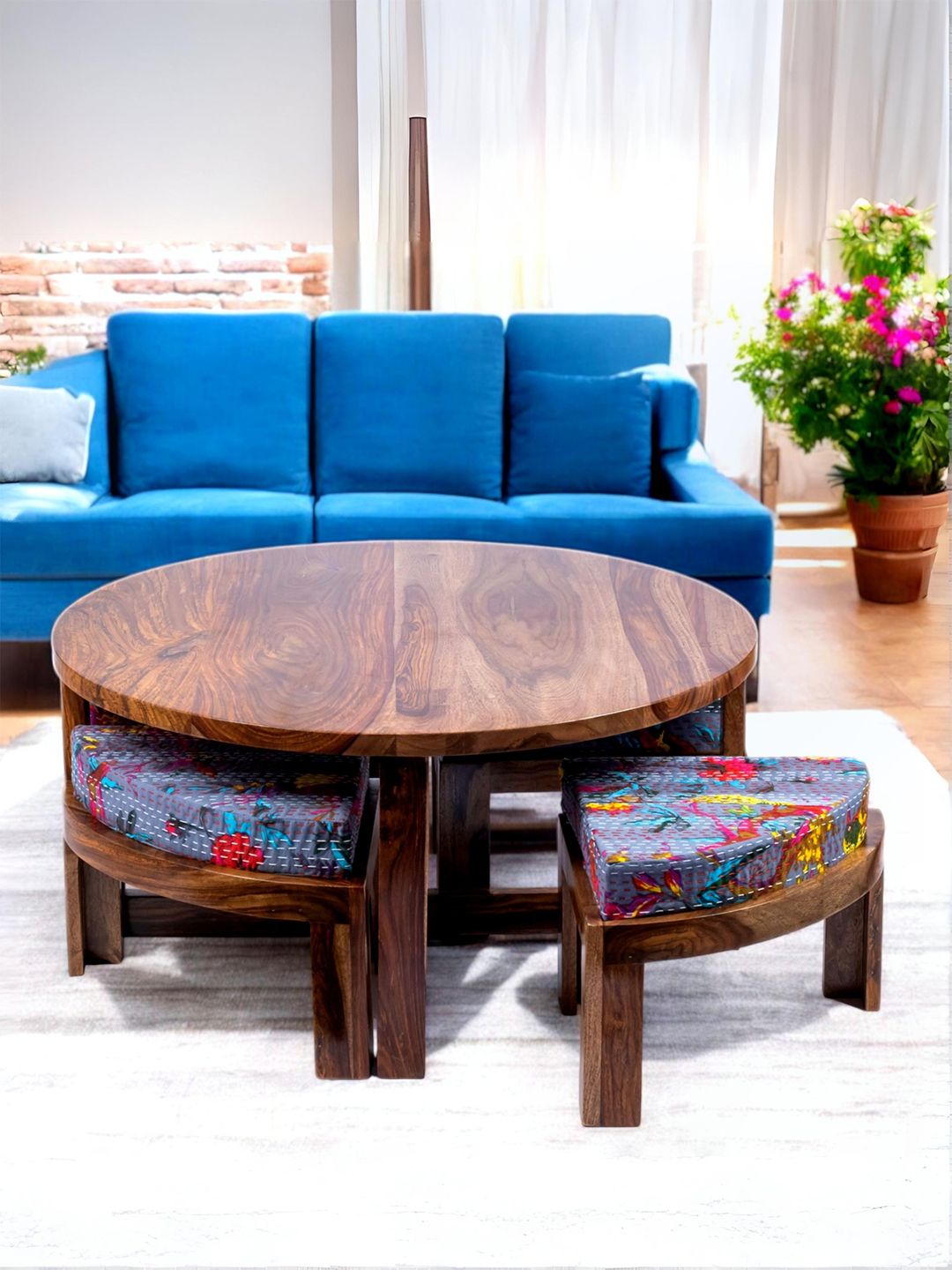 Ikiriya Coffee Brown Sheesham Wood Teak Finish Round Coffee Table with Stool and Cushions-picture-28