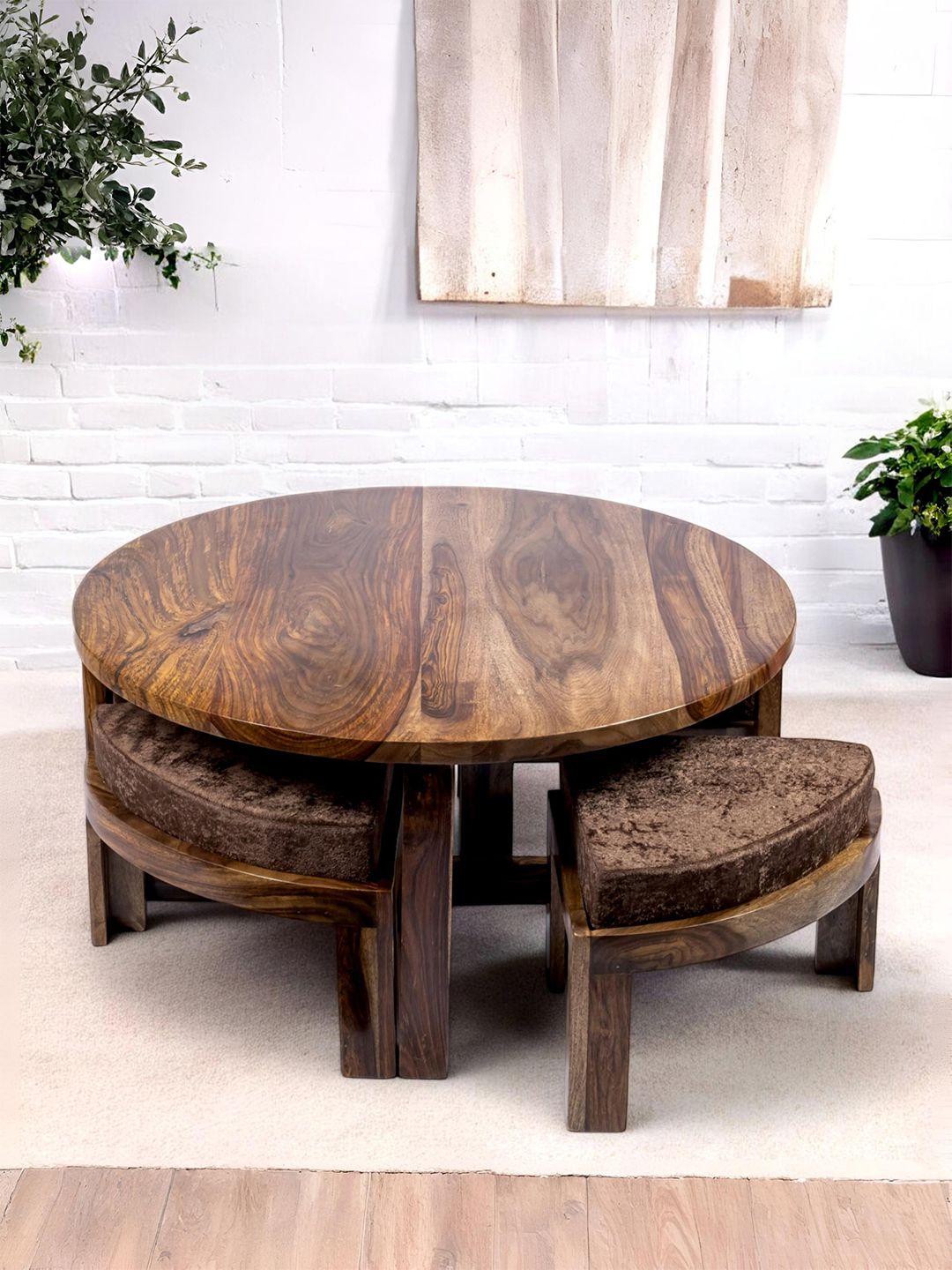 Ikiriya Coffee Brown Wooden Teak Finish Round Coffee Table With Stool and Cushions-image-19